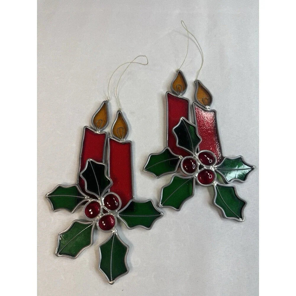 2 Stained Glass Holiday Candle Suncatchers Red Tapers Green Holly Berries Decor